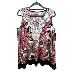 Kim Rogers Women's M Sleeveless Paisley Blouse Fushia Brown Cream Lace Neck New